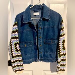 Anthropologie Blue Denim Jacket with Multicolor Crochet Sleeves